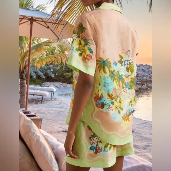 Cocomo Island Loose Fit Casual Shorts Set Single-Breasted Tropical Top - Picture 2 of 16